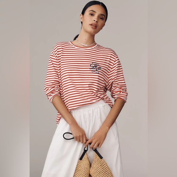 ANTHROPOLOGIE Daily Practice Cotton Long Sleeve Tee S 24” p2p Red/White $88 NWT - Picture 2 of 15